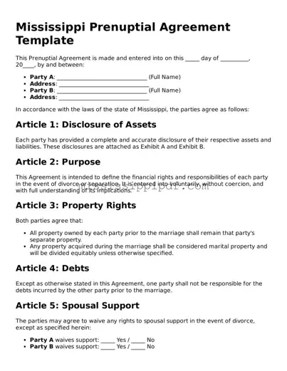 Fillable  Prenuptial Agreement Template for Mississippi